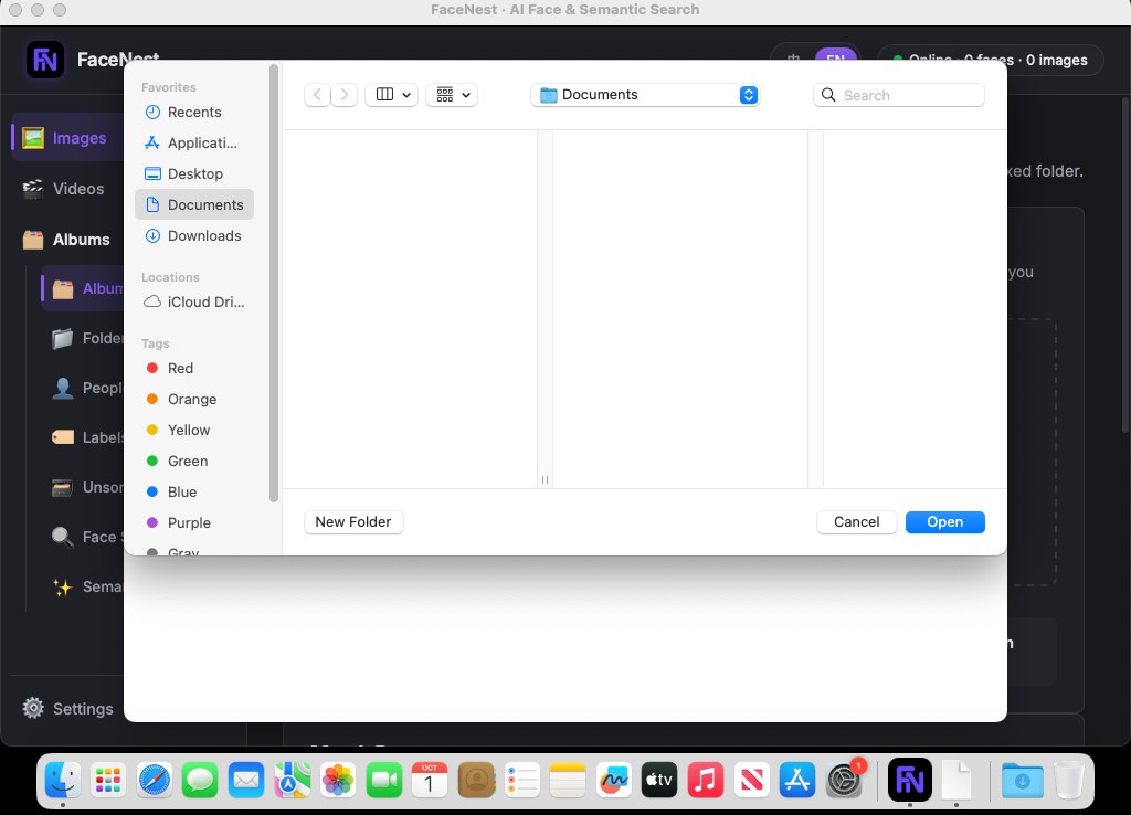 The native macOS folder picker opened from FaceNest