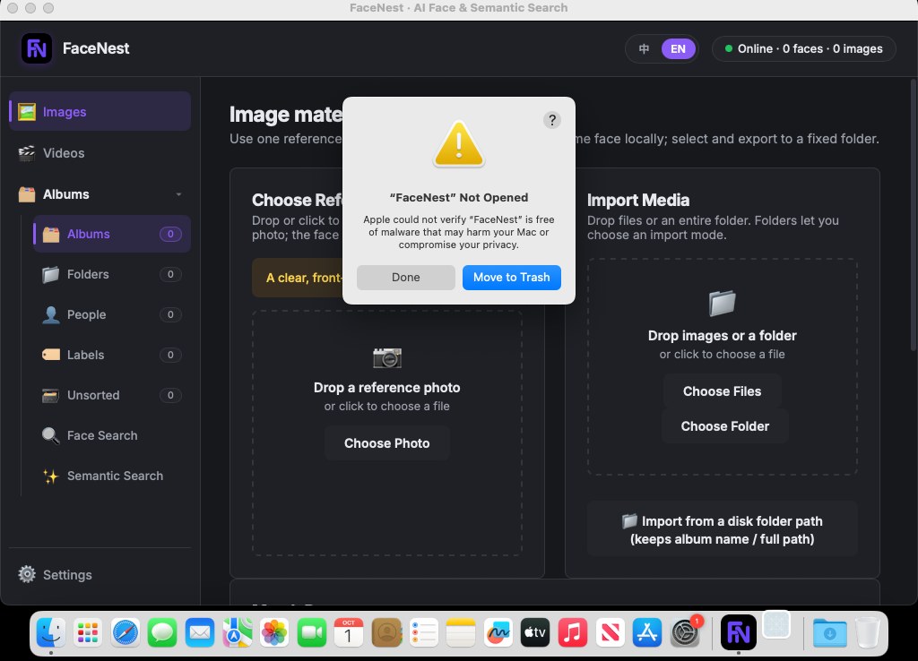 The macOS Gatekeeper dialog blocking FaceNest on first launch